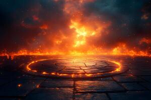 Fiery Inferno with Circular Flame Pattern on Stone Floor - Fantasy Background photo