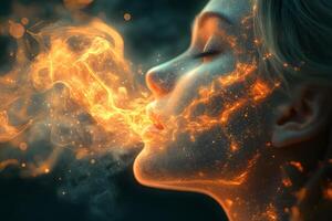 Mystical Fiery Transformation Surreal Woman with Glowing Embers for Creative Concepts photo