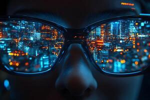Futuristic Vision Concept with Cityscape Reflection in Eyewear for Technology Design photo