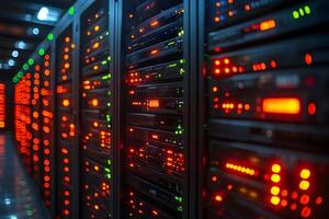 Modern Data Center Server Room with Colorful LED Lights for Technology and IT Infrastructure photo