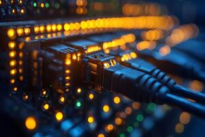 Network Cables and LED Lights in Data Center Technology photo