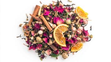 Aromatic herbal tea blend with petals, citrus slices, and spices on white background photo