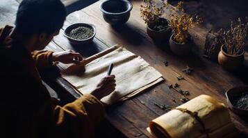 Asian male scribe writing on ancient scrolls with herbal ingredients photo