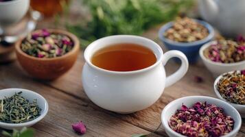 Aromatic herbal tea in white cup surrounded by assorted dried herbs and flowers photo