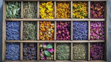 Assorted colorful dried flowers in wooden compartments photo