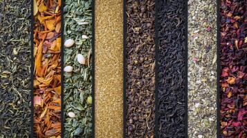 Assorted loose leaf tea and spices display in vertical rows photo