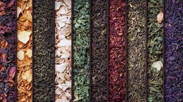 Assortment of dried herbal teas displayed in vertical rows with vibrant colors photo
