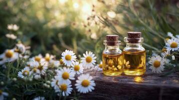 Chamomile blossoms and essential oil bottles in sunlit garden photo
