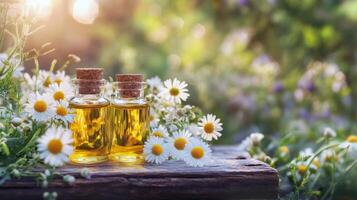 Chamomile essential oil bottles with fresh flowers on wooden table in sunlight photo