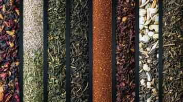 Colorful array of loose leaf teas with varied ingredients and textures photo