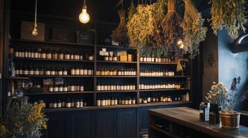 Cozy apothecary shop with dried herbs and vintage bottles on wooden shelves photo