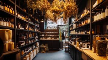 Cozy herbal apothecary with shelves of natural remedies and dried herbs photo