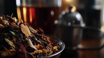 Dried herbal tea leaves in a bowl with metal teapot in background photo