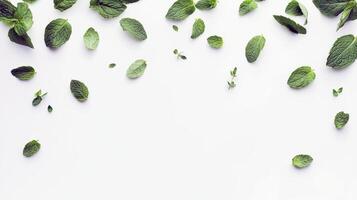 Fresh green mint leaves scattered on white background photo