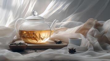Glass teapot with herbal tea and spices on soft fabric background photo