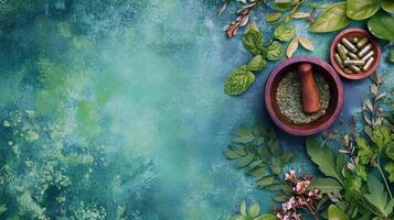Herbal medicine background with mortar and pestle and green capsules photo