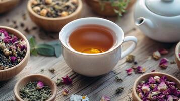 Herbal tea cup surrounded by assorted loose leaf tea and rustic wooden bowls photo