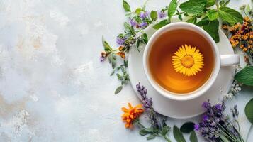 Herbal tea with flower on white background surrounded by colorful fresh herbs photo