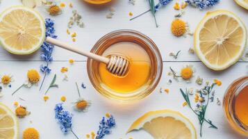 Honey and lemon with lavender and chamomile on white wooden background photo
