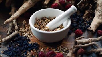 Mortar and pestle with dried herbs and berries on rustic wooden table photo