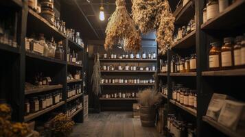 Rustic apothecary shop with dried herbs and vintage bottles photo