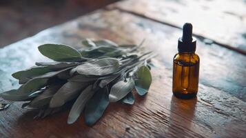 Sage leaves and amber glass dropper bottle on wooden surface photo