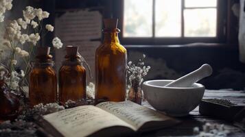 Vintage apothecary scene with bottles, mortar, pestle, and open book photo