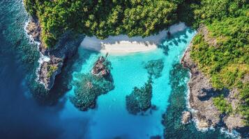 Aerial view of tropical beach with clear turquoise water and lush greenery photo