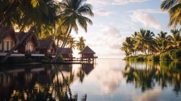 Beautiful tropical sunset overwater bungalows and palm trees reflection in paradise photo