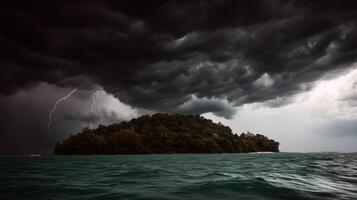 Dark storm clouds and lightning looming over dense lush island in turquoise sea photo