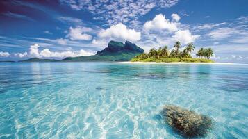 Crystal clear waters surrounding tropical island with palm trees and mountainous background photo