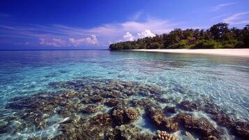 Crystal clear waters and coral reefs on tropical beach landscape photo
