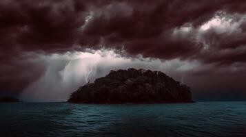 Dark stormy sky over isolated island with dramatic lightning photo