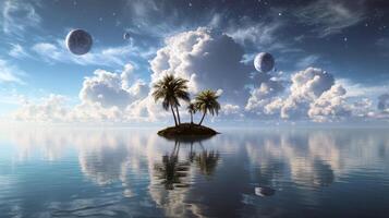Fantasy island with palm trees and multiple moons under starry sky reflection photo