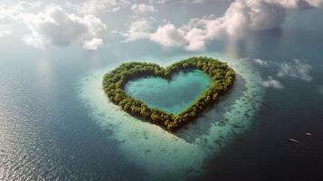 Heart-shaped tropical island surrounded by blue ocean and lush greenery photo