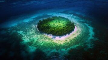 Lush green island surrounded by turquoise ocean waters at dusk photo