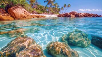 Pristine tropical beach paradise with turquoise waters and palm trees photo