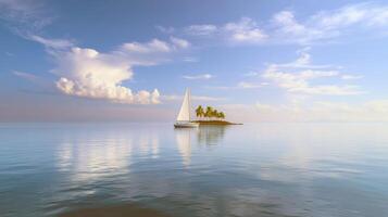 Sailboat near tranquil tropical island with palms and blue sky reflections on calm sea photo