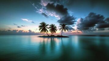 Serene tropical island sunset with palm trees and vibrant sky reflections photo
