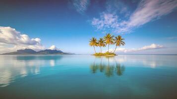 Serene tropical island with palm trees and calm ocean reflection photo