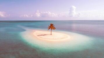Solitary palm on serene tropical island amidst turquoise waters and expansive sky photo