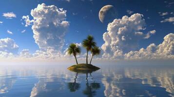 Tranquil island oasis at night with moonlit sky and reflective ocean photo