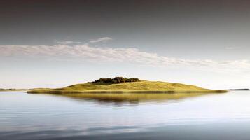 Tranquil island with lush greenery reflecting in calm lake under cloudy sky photo