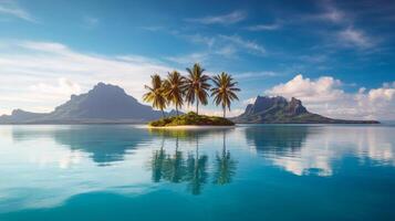 Tranquil tropical island with palm trees surrounded by clear blue water and mountain views photo