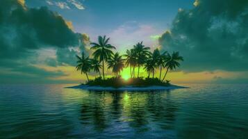 Tranquil tropical island at sunset with lush palms and serene waters photo
