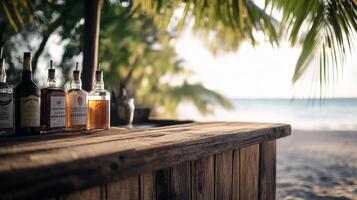 Tropical beach bar scene with rum bottles and sunlit ocean view photo