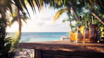 Tropical beach bar with whiskey bottles and palm trees at sunset photo