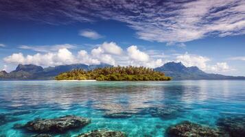 Tropical island paradise with clear blue waters and lush greenery under a bright sky photo