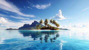 Tropical island paradise with palm trees and clear blue ocean photo