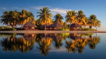 Tropical island paradise with palm trees and thatched huts reflecting in calm water photo